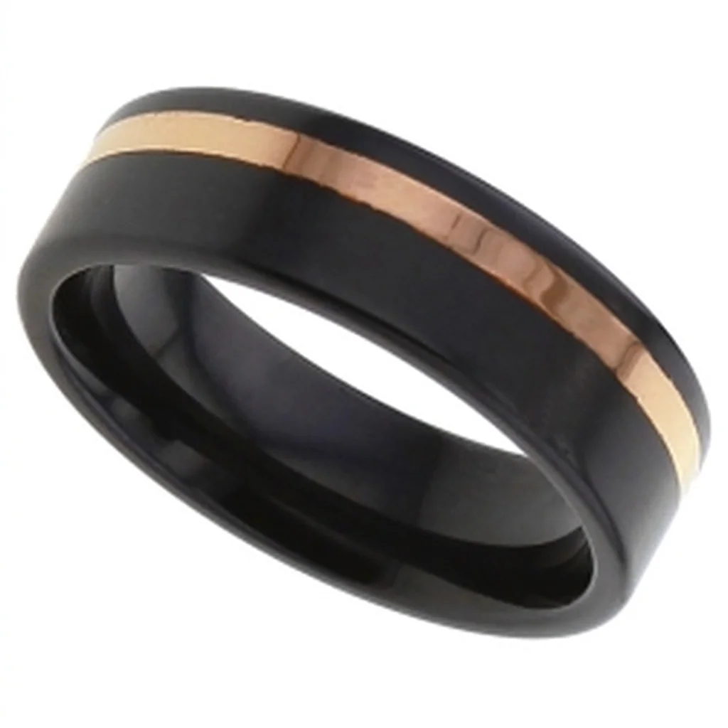Offset gold line, black, A 1.5mm line of 9ct gold set off centre in black zirconium.