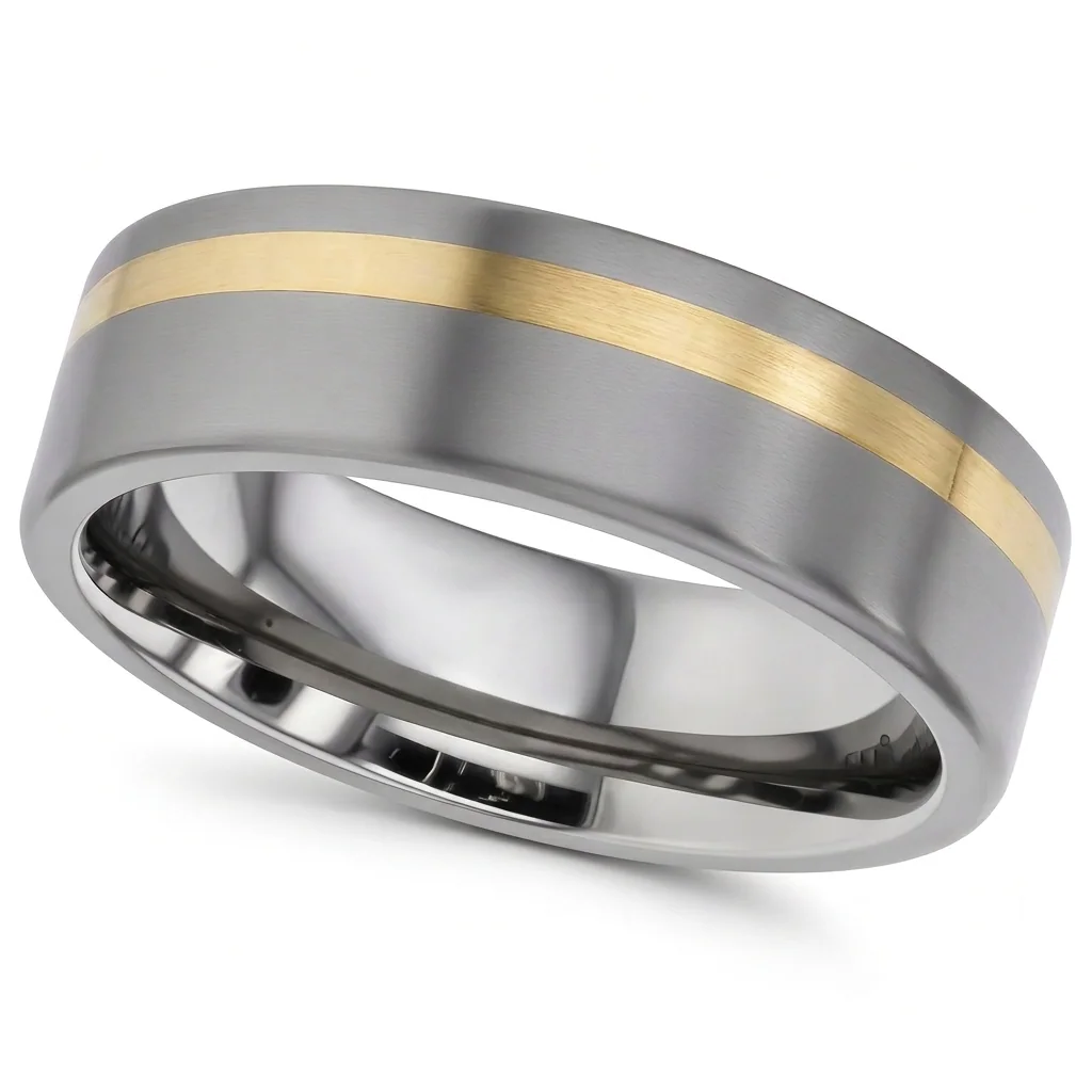 Offset gold line, titanium, A line of 9ct gold set off centre in titanium.