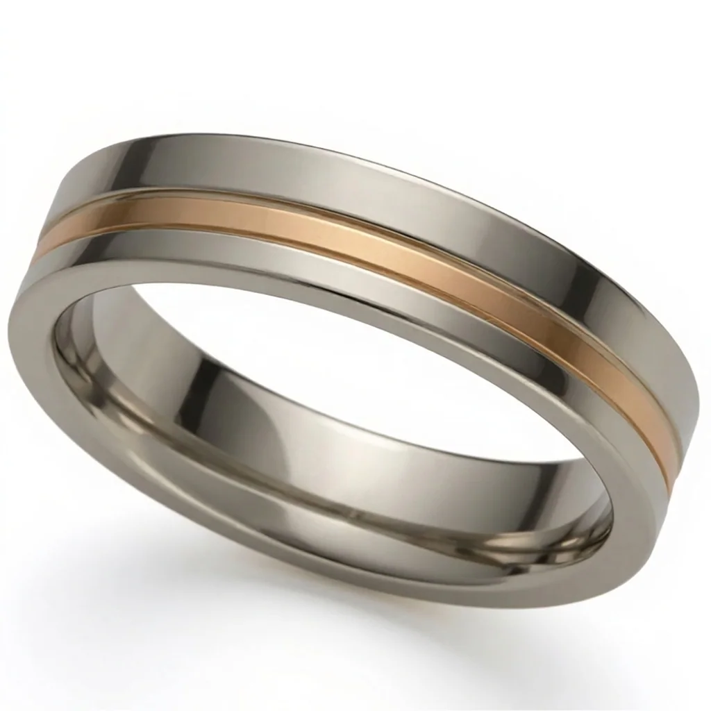 Offset rose line, titanium, A line of 9ct rose gold set off centre in titanium, with a groove beside it.