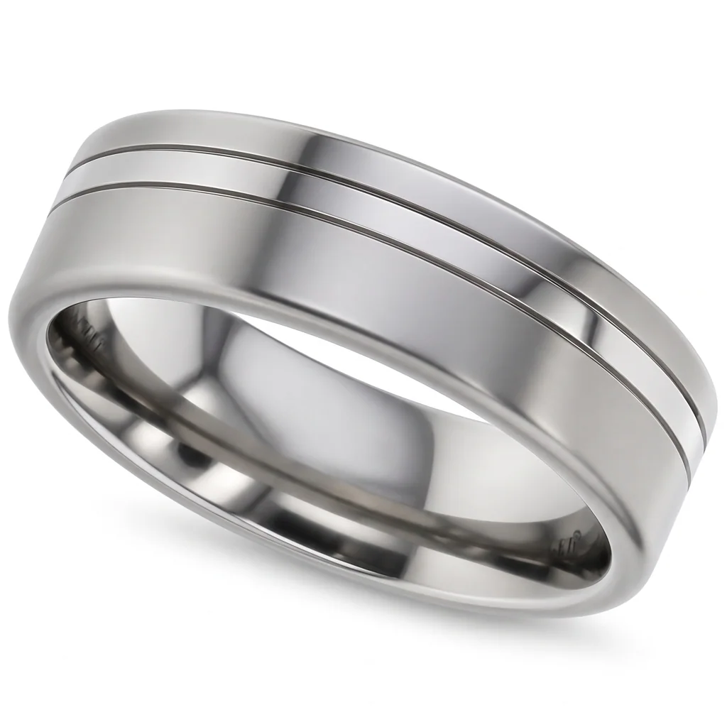 Offset stripe, titanium, A polished stripe set off centre in satin titanium.