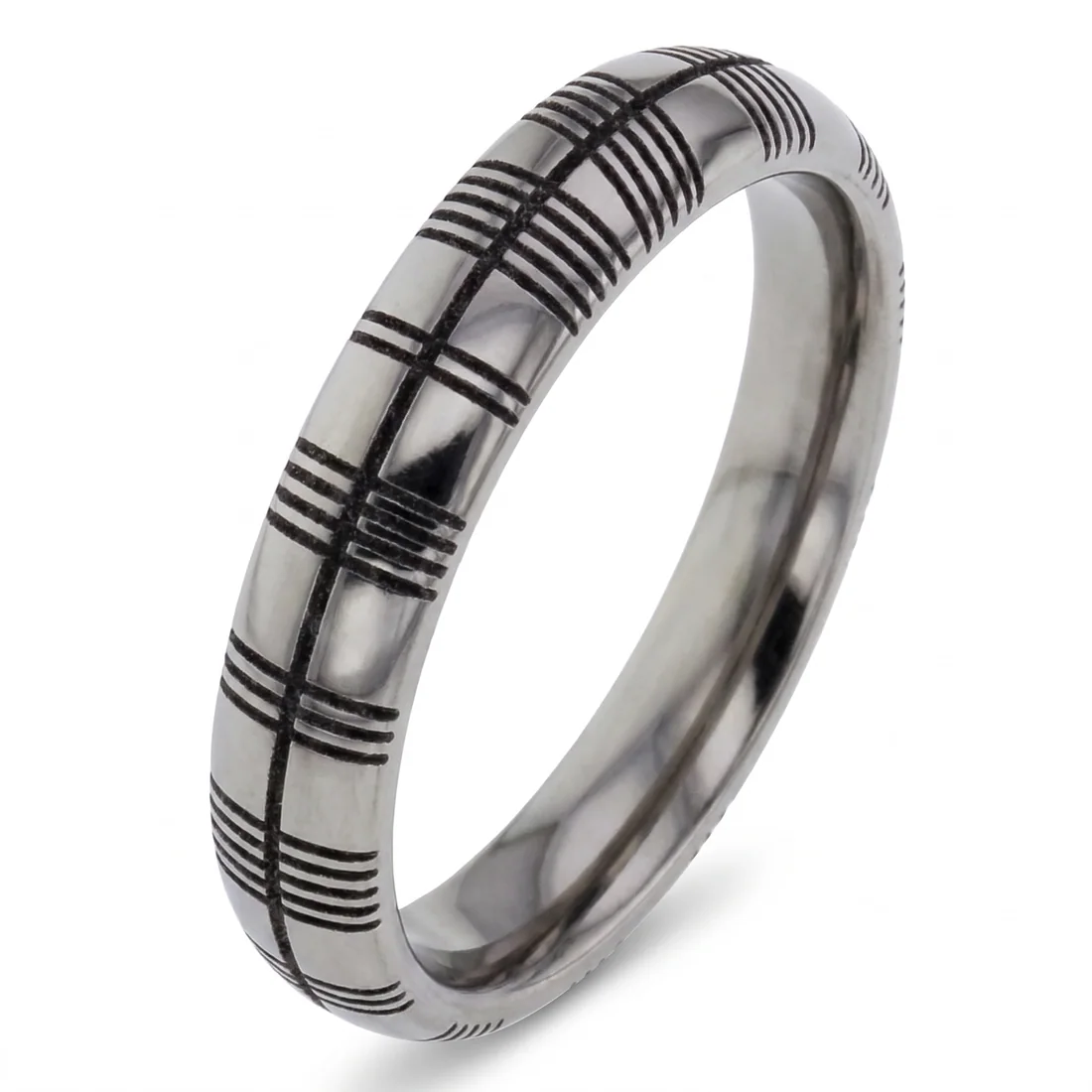 Ogham, titanium, Ancient Irish script, cut as lines across the band.