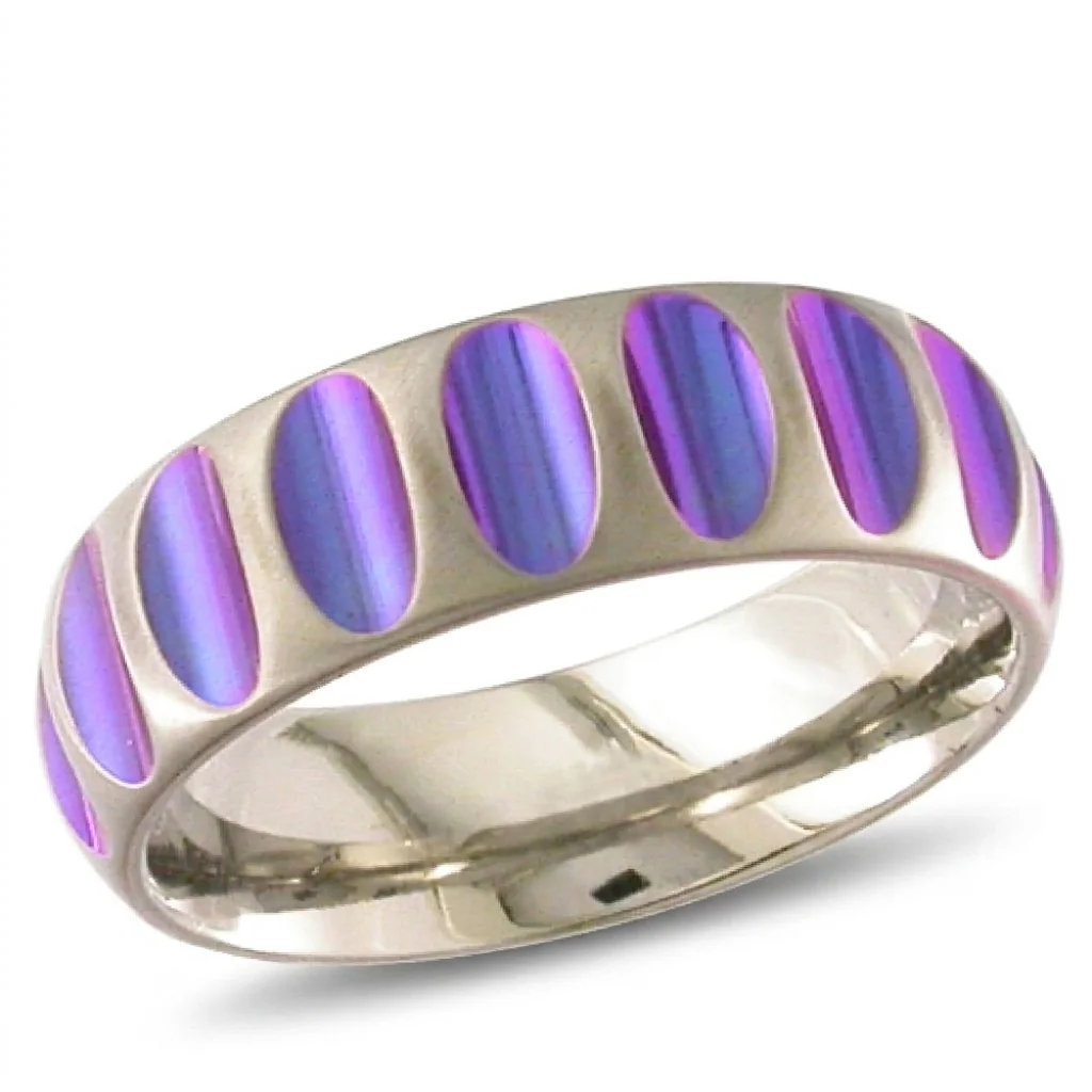 Ovals, anodised, A row of coloured ovals around a bright band.