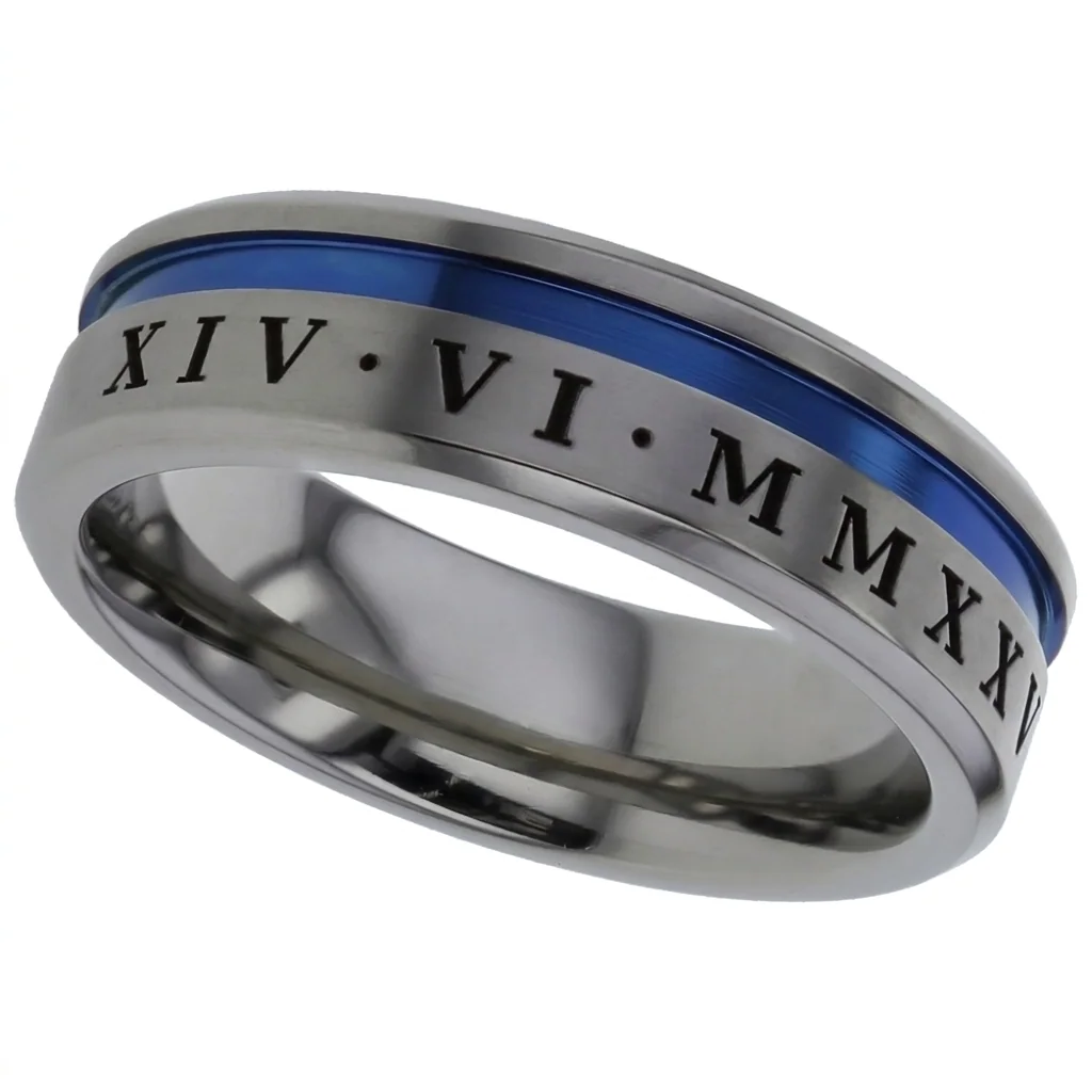 Roman numerals, colour line, Your date in Roman numerals, repeated beside an anodised blue groove.