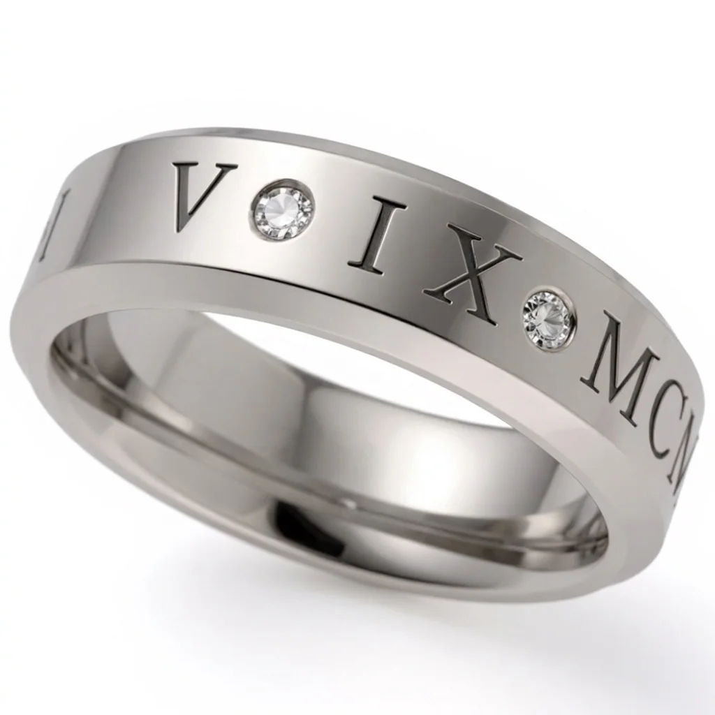 Roman numerals, two diamonds, Your date in Roman numerals, with two diamonds set between them.