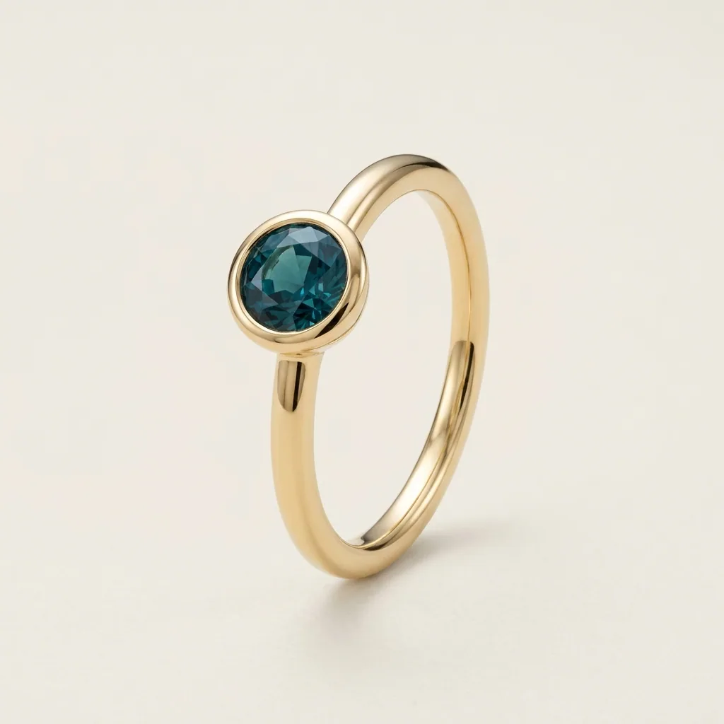 Sapphire solitaire, A teal sapphire, bezel set, chosen one stone at a time.