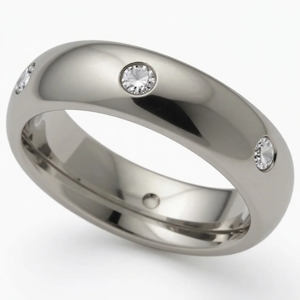 Six larger diamonds, titanium, Six 2.5mm diamonds, equally spaced around a titanium dome.
