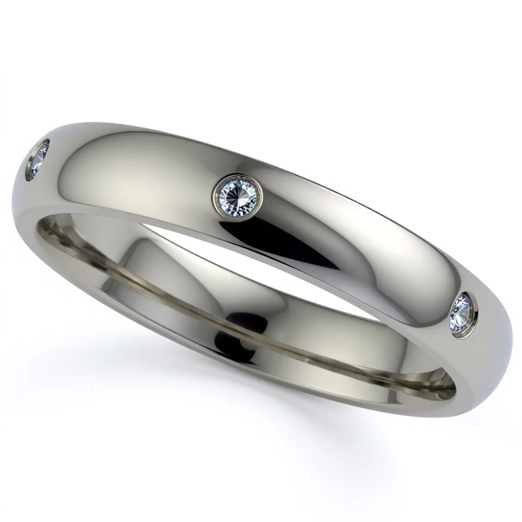 Six diamonds, titanium, Six diamonds spaced around a domed band of grade 2 titanium.