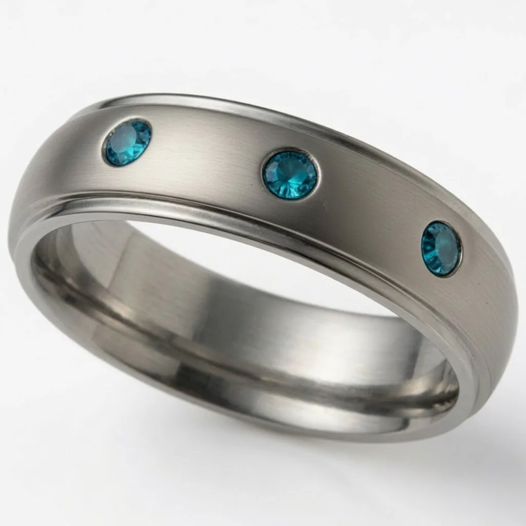 Three blue diamonds, titanium, Three treated blue diamonds across a shoulder cut titanium dome.