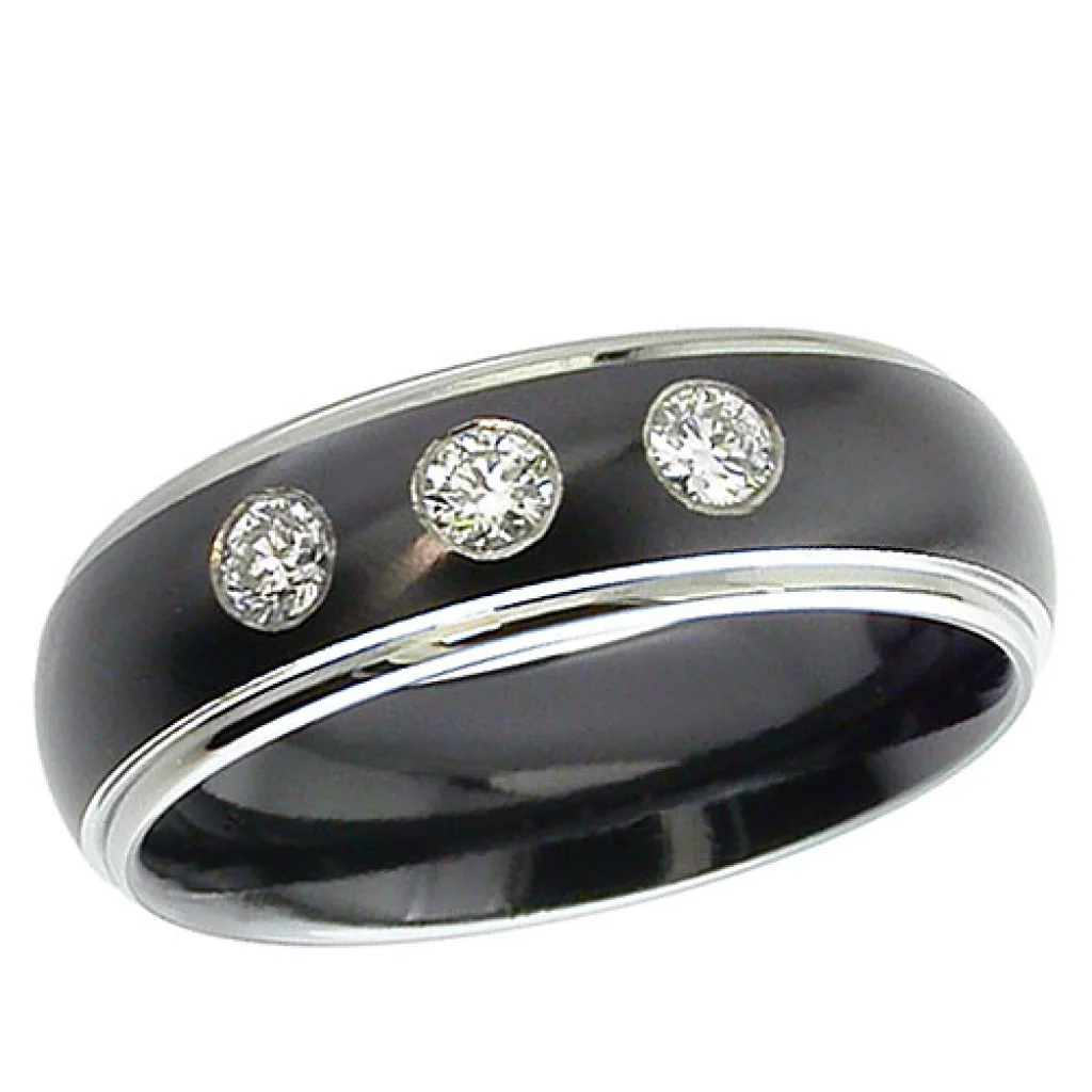 Three diamonds, black, bright edges, Three diamonds on a black dome, with bright metal at both shoulders.
