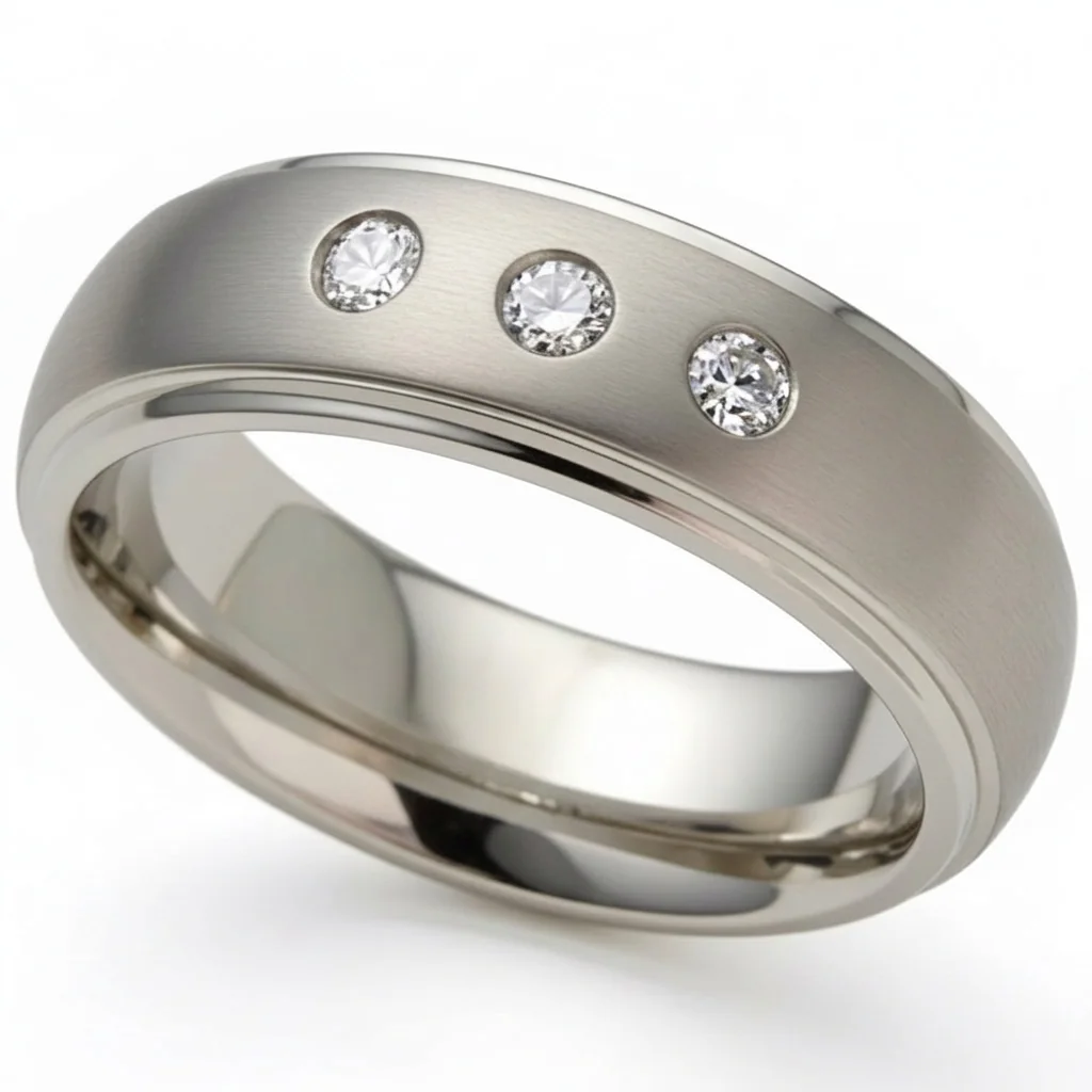 Three diamonds, shoulder cut, Three diamonds set close together across a shoulder cut titanium dome.
