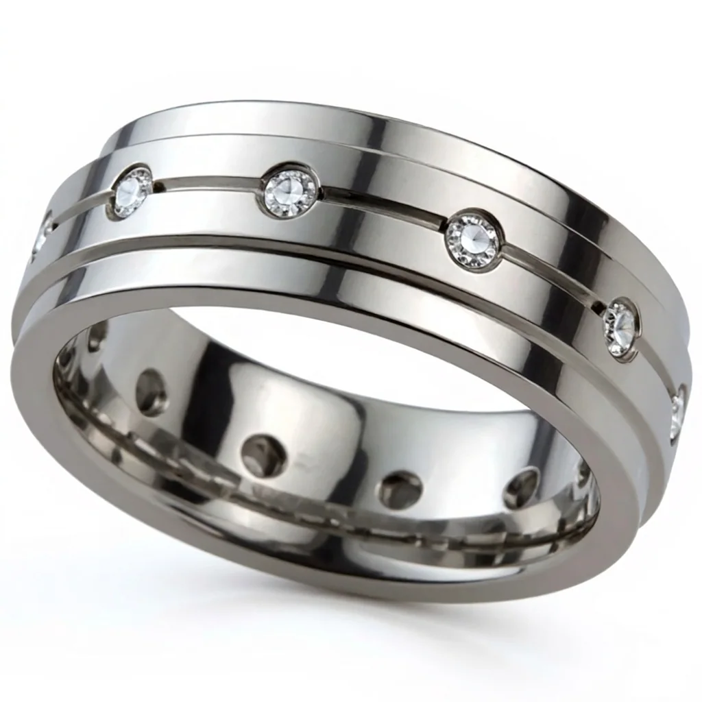 Twelve diamonds, titanium, Twelve small diamonds, equally spaced along a groove in titanium.