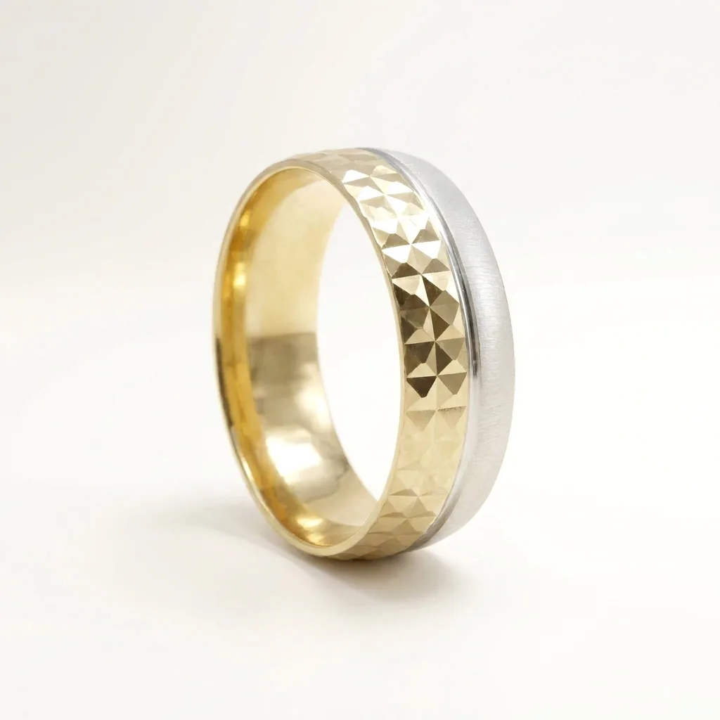Two tone faceted, Sharp diamond cut facets in yellow, with a satin white gold edge.