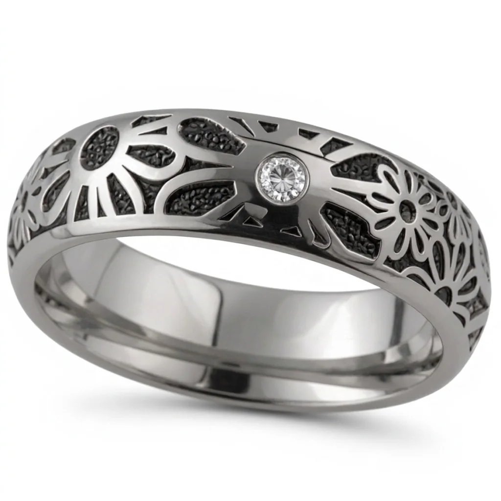 Wildflowers, diamond set, Flowers cut around the band, with one diamond set among them.