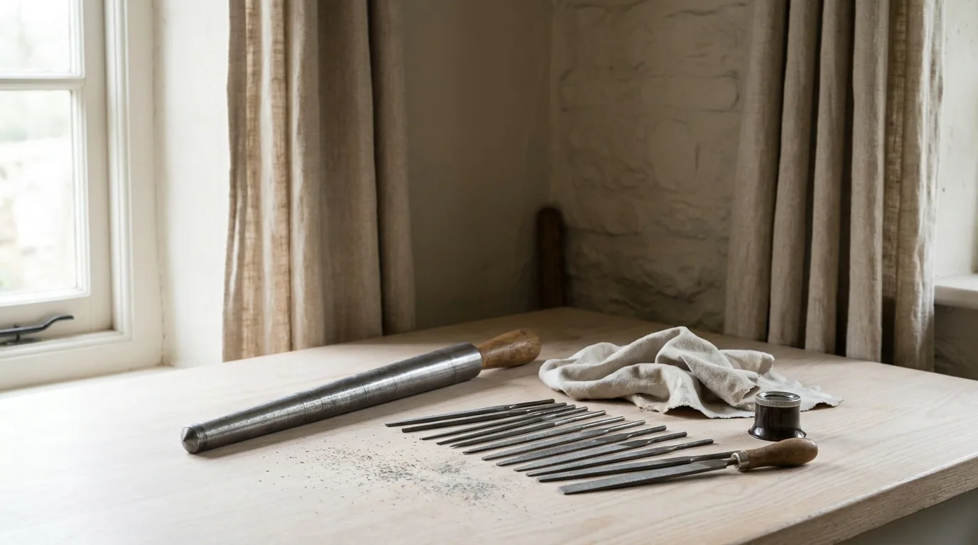 A jeweller's bench with a ring mandrel, files and a loupe in morning light
