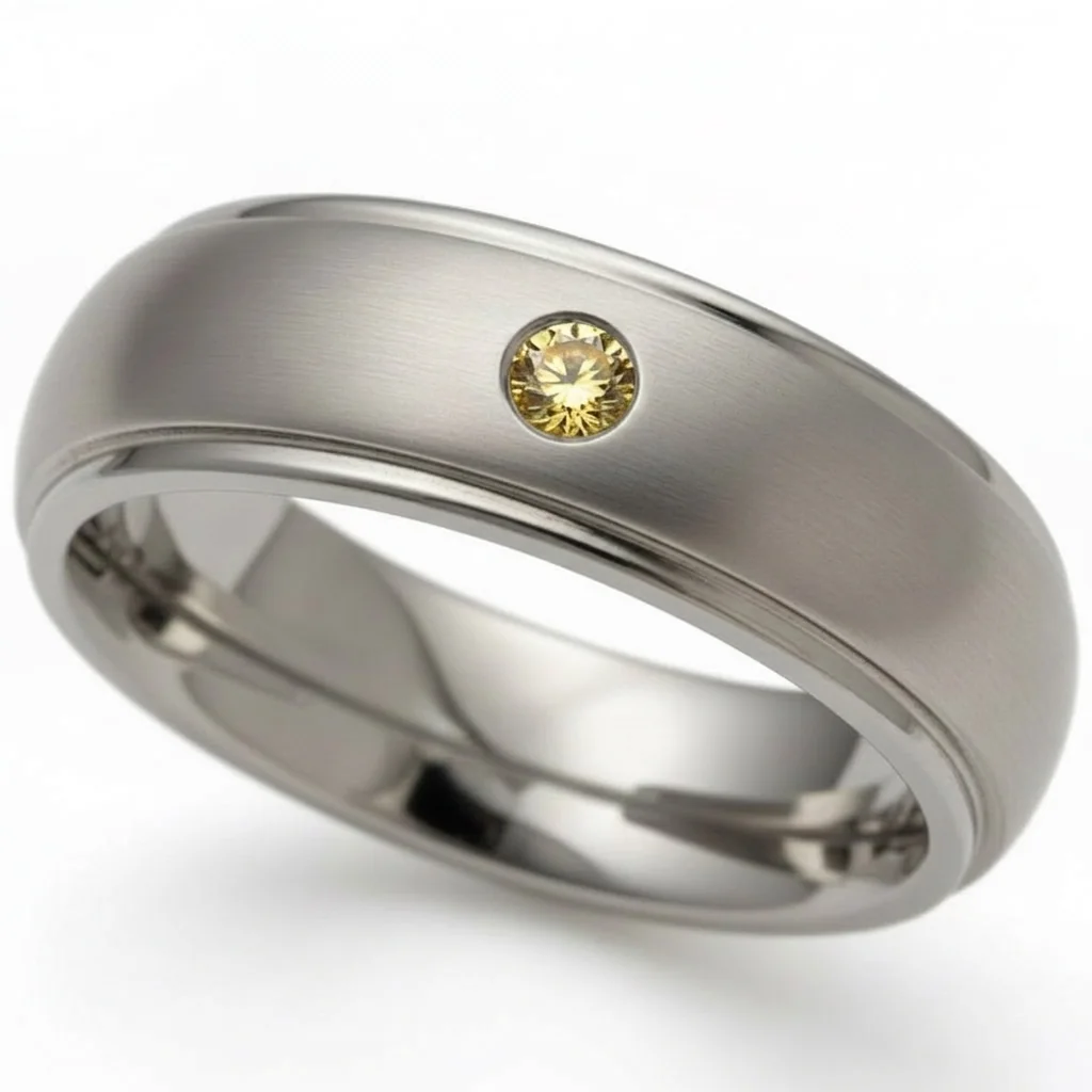 Yellow diamond, titanium, One treated yellow diamond set into a shoulder cut titanium dome.